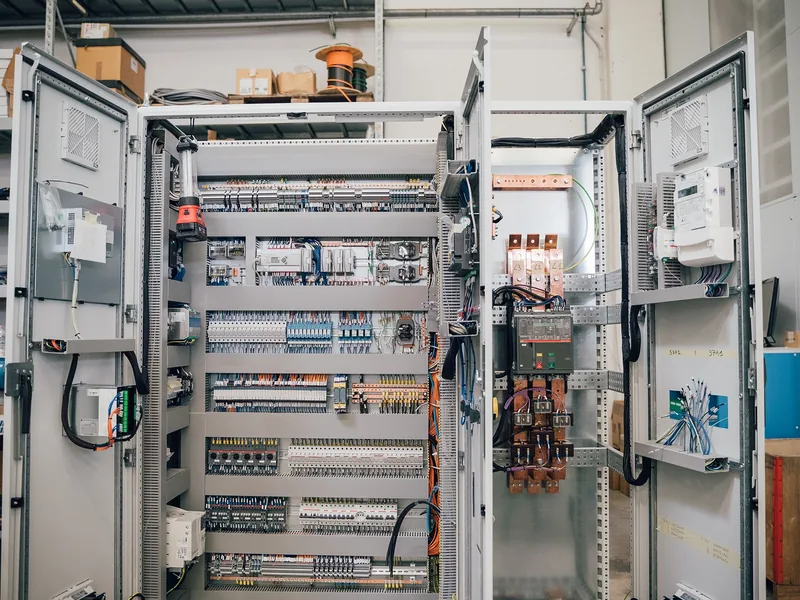 Quadro elettrico di potenza a più ante, aperto in officina