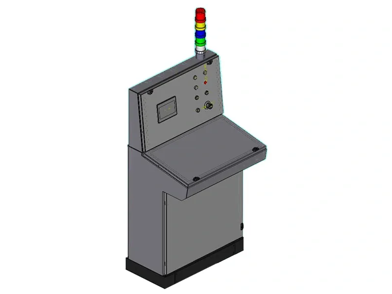 Disegno 3D di una console di comando inclinata, con colonna luminosa