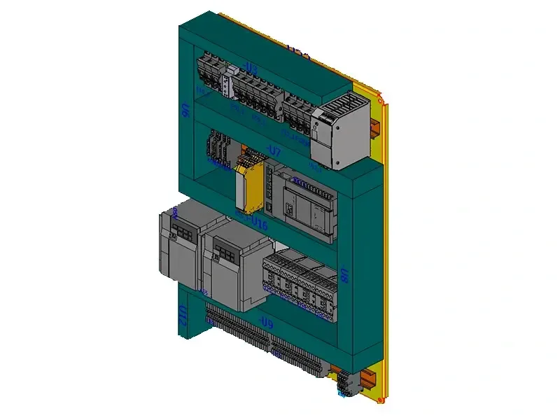 Modello 3D della piastra di un quadro elettrico con i componenti