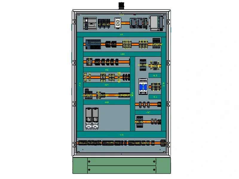 Disegno del fronte di un quadro elettrico con la disposizione dei componenti