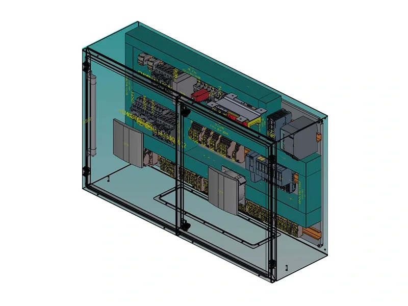 Vista 3D trasparente di un quadro elettrico a due ante con i suoi componenti