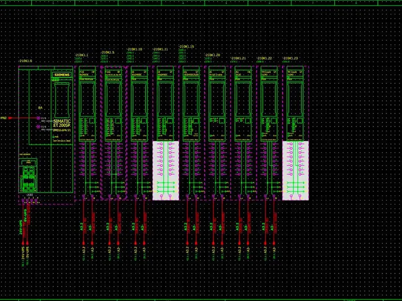 Schema elettrico di una periferia Siemens SIMATIC ET 200SP con i suoi moduli