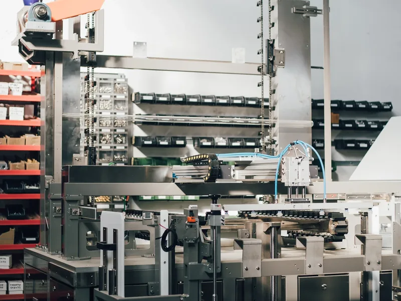 Macchina automatica in acciaio inox in fase di assemblaggio, con un braccio orientabile arancione