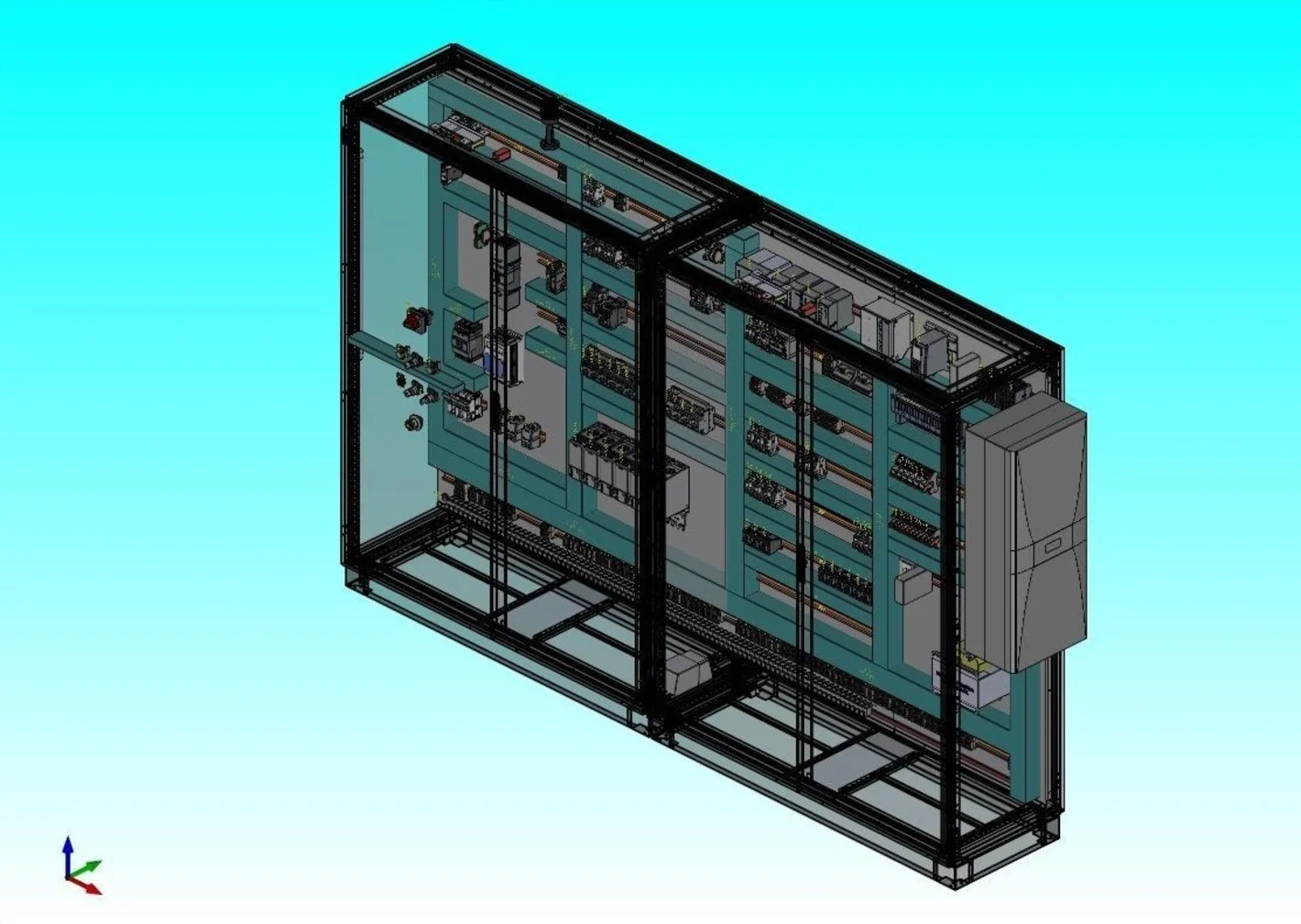 Vista 3D completa del quadro UL progettato in EPLAN, con piastre e canaline