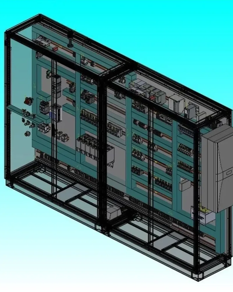 Layout 3D del quadro elettrico UL a due armadi, con il condizionatore sul fianco