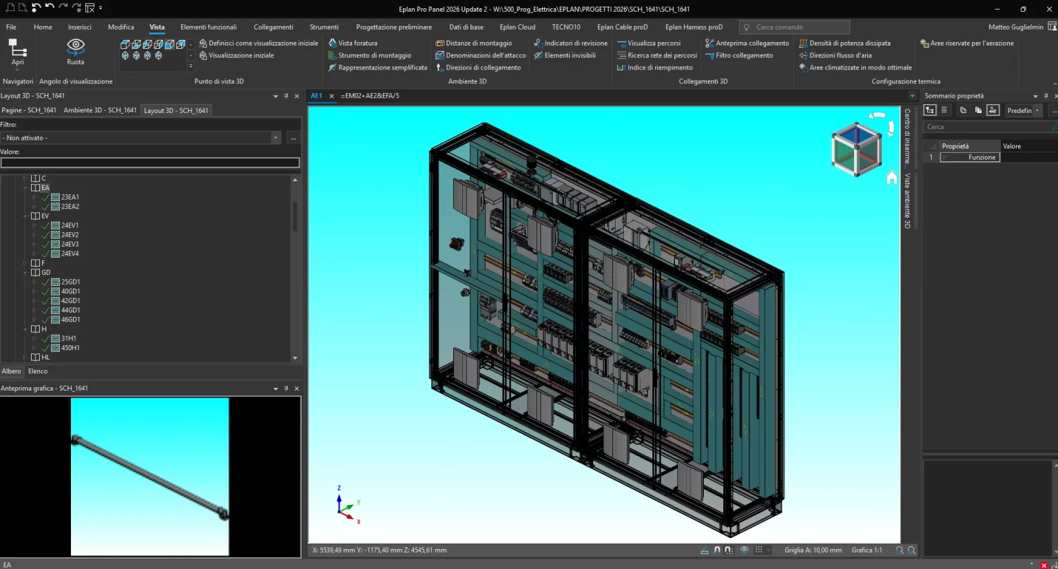 Il layout 3D di un quadro a due armadi aperto in EPLAN