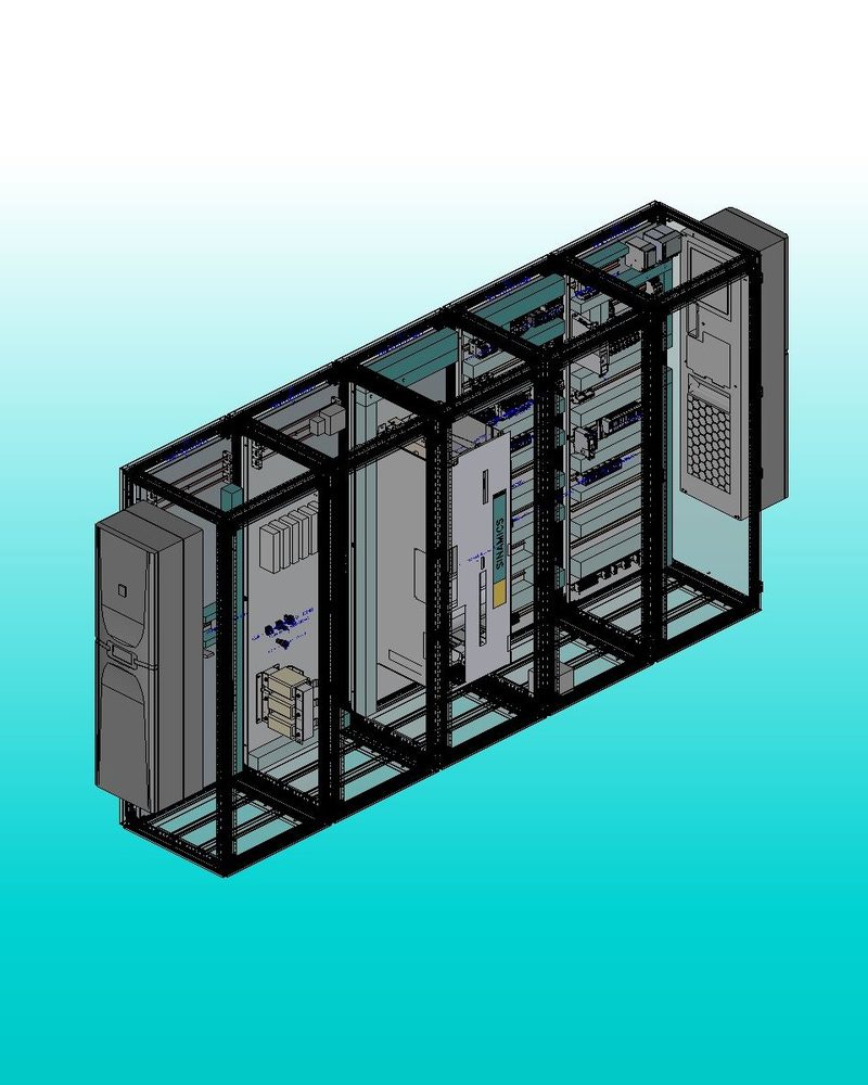 Layout 3D di un quadro elettrico a più armadi, progettato con EPLAN