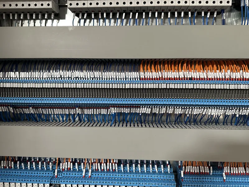 Morsettiere e relè del quadro di controllo, con ogni filo numerato