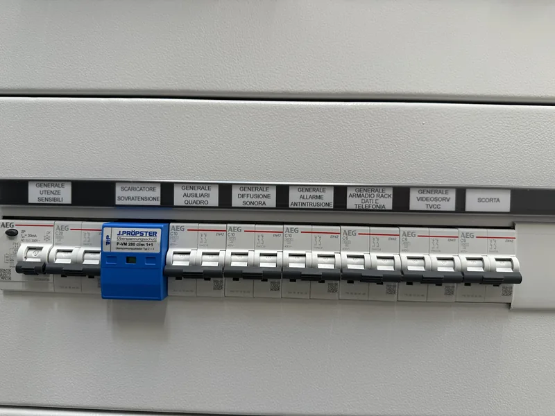 Targhette sul fronte con le linee di utenze sensibili, diffusione sonora, antintrusione, rack dati e videosorveglianza